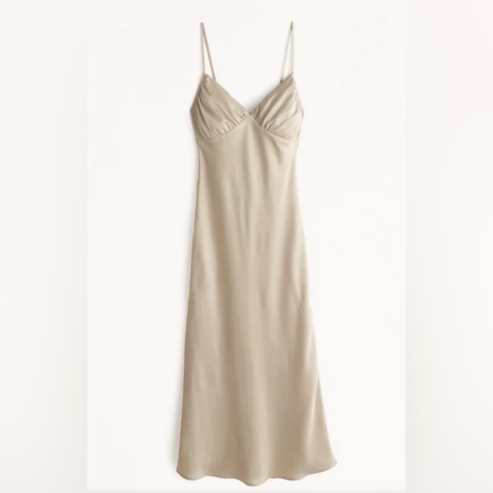 NWT Abercrombie Ruched Satin Midi Slip Dress Beige Cream XS Petite Babydoll
